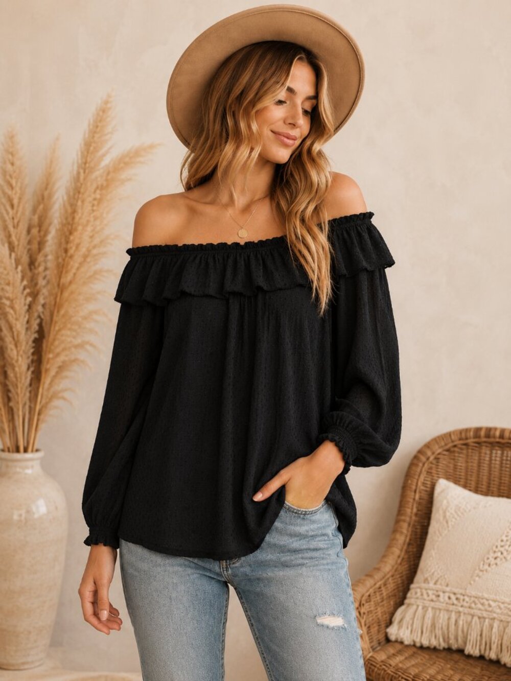 NWT Knox Rose XXL Black Off Shoulder Ruffle Boho Peasant Blouse Top Festival